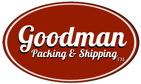 Goodman Packing & Shipping logo featuring a red oval background and white text.