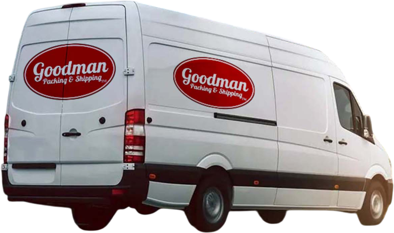 White delivery van with Goodman Packing Shipping logo on the side.