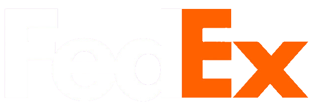 FedEx logo featuring bold lettering in white and orange on a black background.